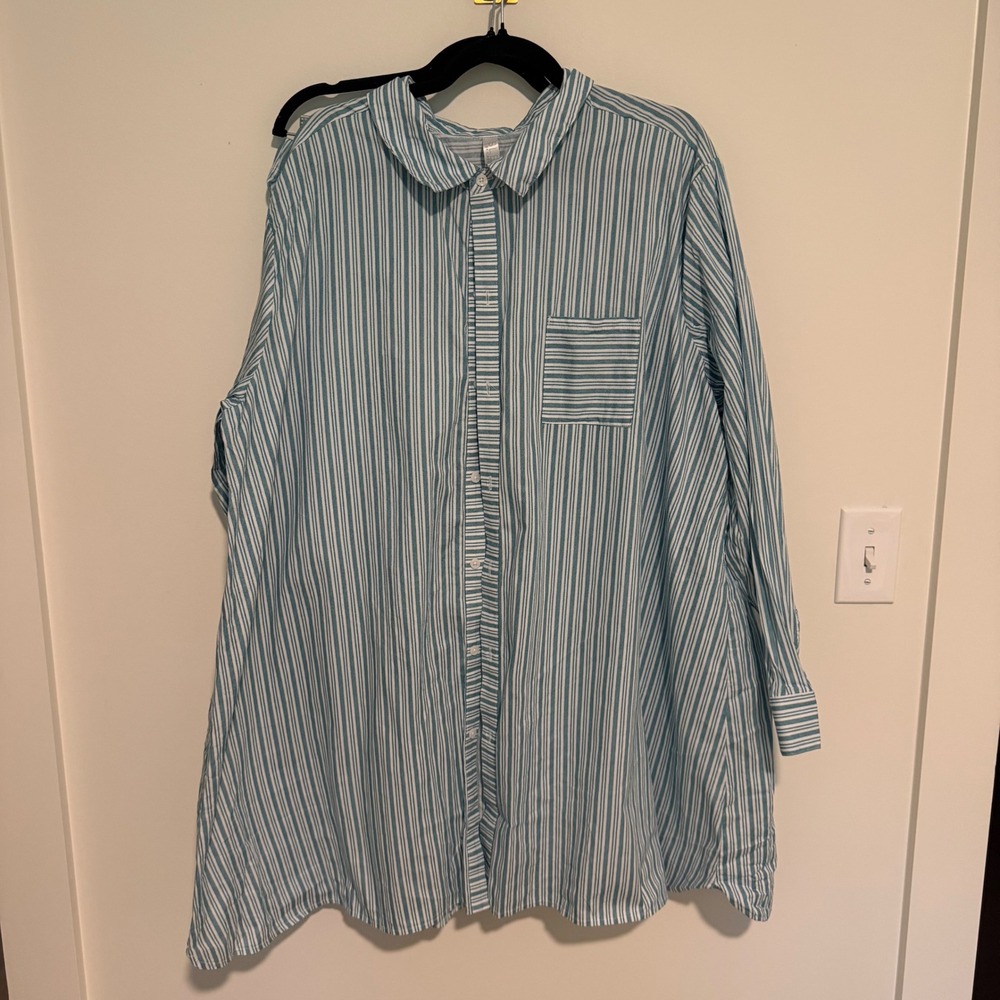 Sleep by Cacique Womens Teal White Striped Button Down Nightshirt Size 18/20
